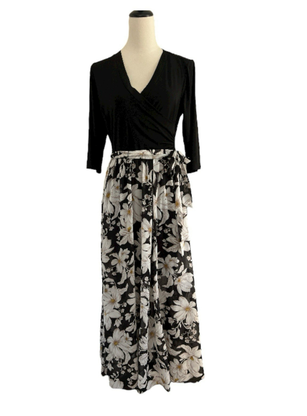Kate & Lily Dress Womens 10 Black Floral Maxi Pull Over 3/4 Sleeve Wedding Event